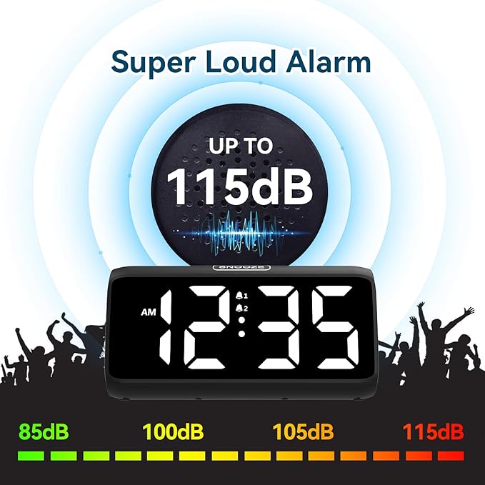 Netzu Loud Alarm Clock for Heavy Sleepers, Plug-in Alarm Clocks with Bed Shaker, 5 Dimmers, 2 Alarms, 4 Volumes and Snooze for Bedrooms Hearing Impaired Deaf Adult (Black and White)
