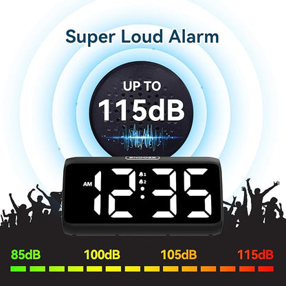 Netzu Loud Alarm Clock for Heavy Sleepers, Plug-in Alarm Clocks with Bed Shaker, 5 Dimmers, 2 Alarms, 4 Volumes and Snooze for Bedrooms Hearing Impaired Deaf Adult (Black and White)