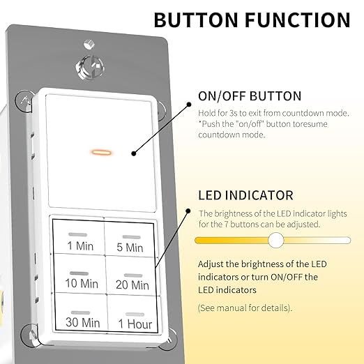 Minoston Countdown Timer Switch, 1-60 Min, Bathroom Fan Timer Switch, Adjustable LED Brightness, 120VAC Neutral Wire Req, ETL and FCC Listed, White (MT11N)