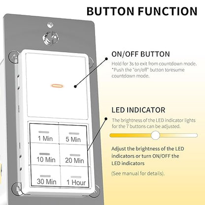 Minoston Countdown Timer Switch, 1-60 Min, Bathroom Fan Timer Switch, Adjustable LED Brightness, 120VAC Neutral Wire Req, ETL and FCC Listed, White (MT11N)