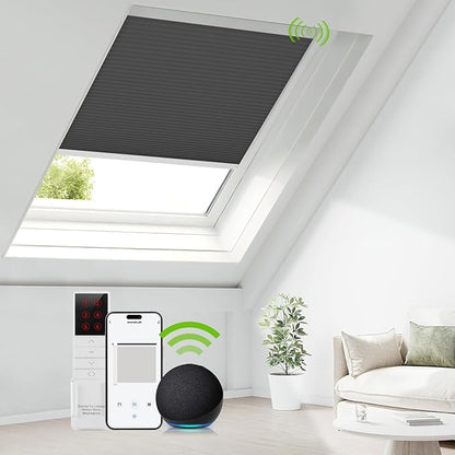 ZSTARR Motorized Skylight Shades Blackout Cellular Honeycomb Electric Blinds with Solar Panel Cordless Rechargeable with Remote for Roof and Slanted Windows Custom Size (LF Charcoal)
