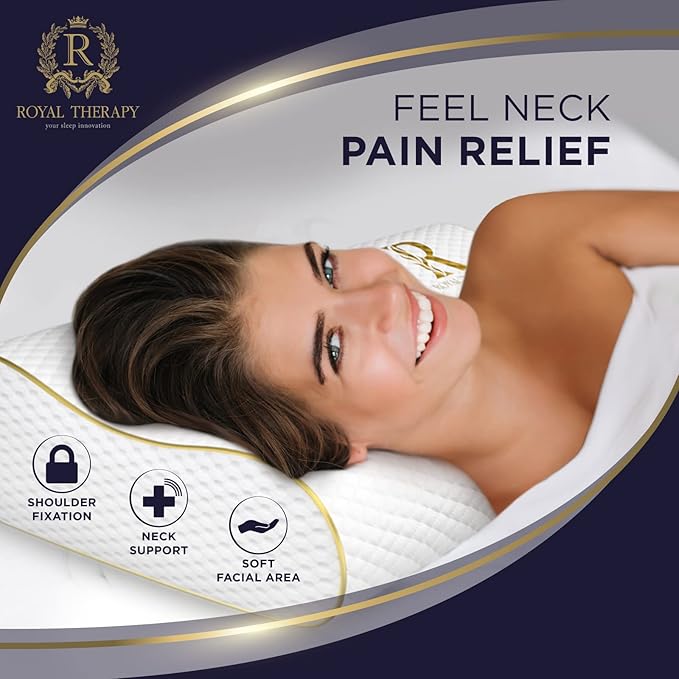 Royal Therapy Memory Foam Pillow, Queen Neck Pain Relief, Contour Cervical Pillow, for Neck and Shoulder Pain, Side, Back and Stomach Sleeper, 24x14x5 inches