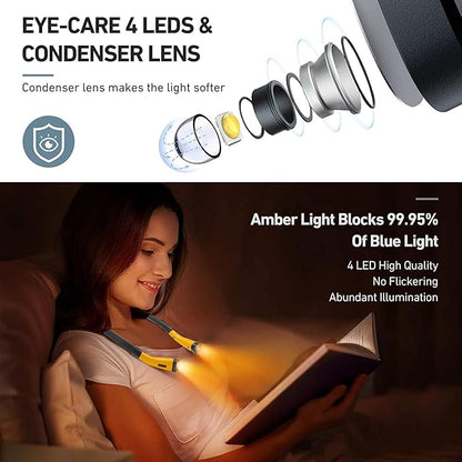 Neck Reading Light Rechargeable, 6 Brightness Levels 3 Colors Amber Book Light for Reading in Bed, 80H Working, Hands-Free for Reading, Crocheting, Repairing and Camping (Yellow)