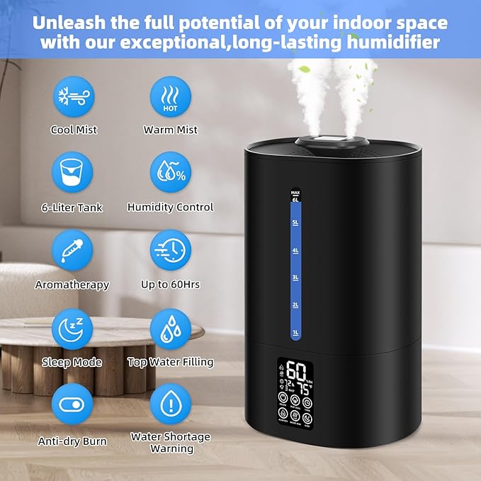 6L Humidifiers for Bedroom Large Room Home,Cool and Warm Humidifier for Baby and Plants Hot Mist Top Fill Desk Humidifier Oil Diffuser,Quiet,Auto Mode,360°Nozzle-Midnight Black(2026 Upgraded)
