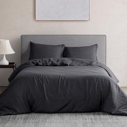 DAPU 100% Linen Duvet Cover Set - Pure Natural French Flax Linen with Corner Ties and Zipper Closure Soft Breathable Durable for Hot Sleepers 1 Duvet Cover 2 Pillowcases (Dark Gray, King)