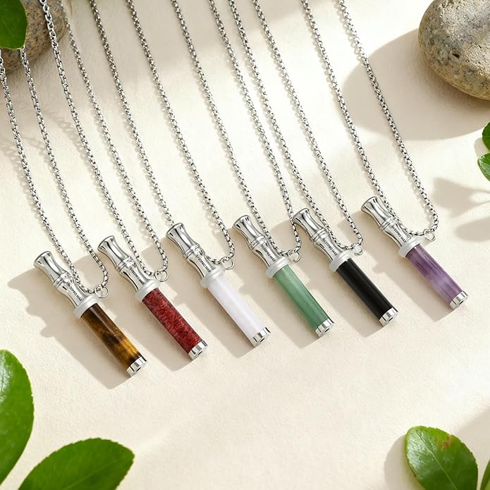 Breathe Free Necklace, Natural Stone Breathing Necklace for Stress Relief, Mindfulness and Relaxation, Anxiety Necklace Mindful Breathefree Calm Tool with Plant Cores, Portable Wellness Gift for Adult