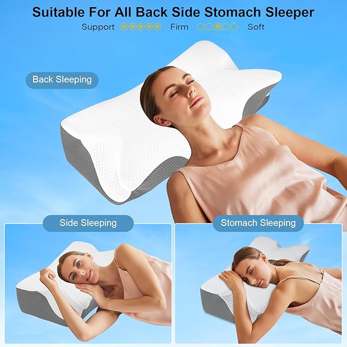 Anvo Cervical Pillow for Neck Pain Relief, Neck Pillows for Pain Relief Sleeping, Memory Foam for Back and Shoulder Pain, Ergonomic Design for Side Back Stomach Sleeper, White Firm Queen