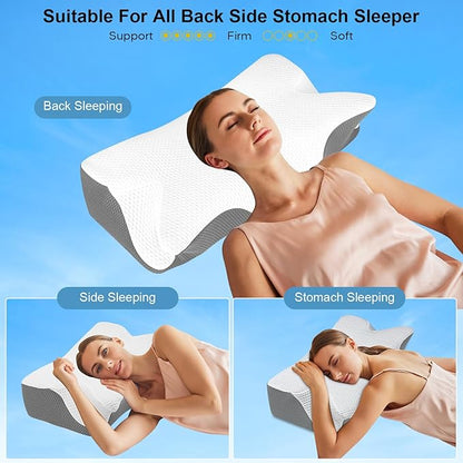 Anvo Cervical Pillow for Neck Pain Relief, Neck Pillows for Pain Relief Sleeping, Memory Foam for Back and Shoulder Pain, Ergonomic Design for Side Back Stomach Sleeper, White Firm Queen