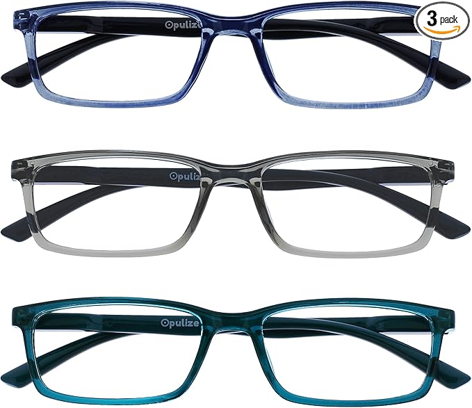 OPULIZE SEE Reading Glasses with Blue Light Blocking for Women and Men, Narrow Frame, Spring Hinges, Computer Gaming Glasses, Blue,Grey,Turquoise +1 (Pack of 3)