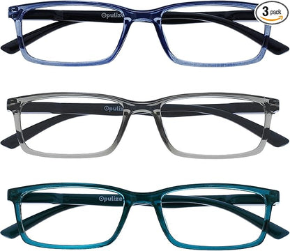 OPULIZE SEE Reading Glasses with Blue Light Blocking for Women and Men, Narrow Frame, Spring Hinges, Computer Gaming Glasses, Blue,Grey,Turquoise +1 (Pack of 3)