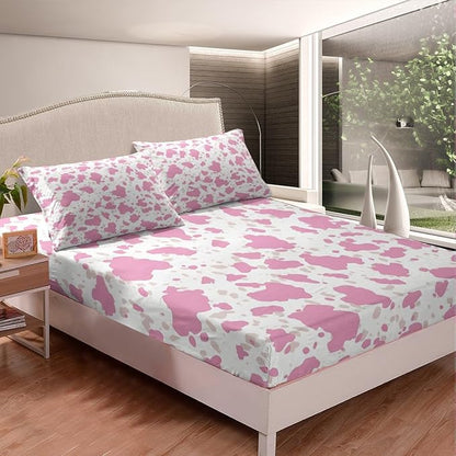 Pink Cowhide Bedding Set Full Size,Rustic Farmhouse Animal Fur Pattern Fitted Sheet,Western Cowgirl Cow Fur Print Sheet Set for Kids Teens Adults Bedroom Decor,2 Pillowcases