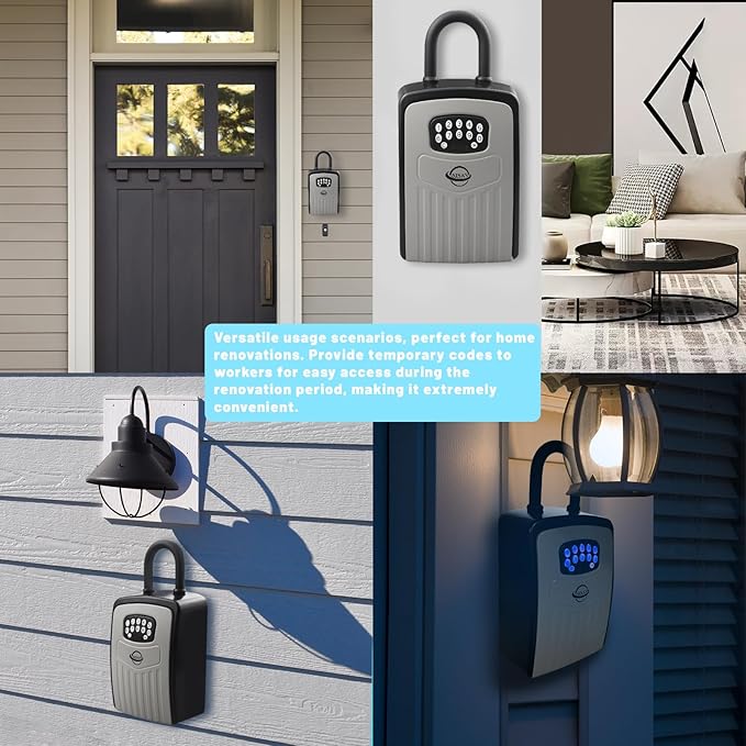 Smart Bluetooth Key Lock Box,Remote Access via App/Code,Resettable 6-Digit Combination,Large Capacity for 5 Keys,Wall-Mounted,No WiFi Needed,Grey(with Shackle)