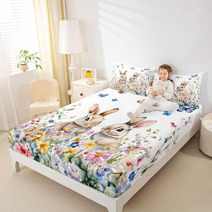 Spring Easter Fitted Sheet Queen Size Bunny Cute Rabbits Flower Bedding Set for Kids Bedroom Floral Farmhouse Watercolor Bed Sheet Set 3pcs White Colorful Deep Pocket Mattress Cover,No Top Flat