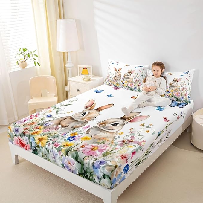 Spring Easter Fitted Sheet Twin Size Bunny Cute Rabbits Flower Bedding Set for Kids Bedroom Floral Farmhouse Watercolor Bed Sheet Set 2pcs White Colorful Deep Pocket Mattress Cover,No Top Flat