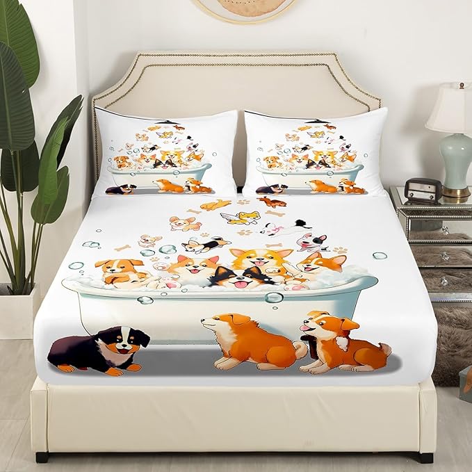 Bathing Puppy Fitted Sheet Full Size,Cute Animals Watercolor Corgi Dog Bedding All-Round Elastic Pocket,Kawaii Dog 3D Bathtub Bed Sheet 3 Pieces Fits Mattress(No Flat Sheet)