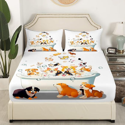 Bathing Puppy Fitted Sheet Twin Size,Cute Animals Watercolor Corgi Dog Bedding All-Round Elastic Pocket,Kawaii Dog 3D Bathtub Bed Sheet 2 Pieces Fits Mattress(No Flat Sheet)