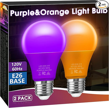 Orange Purple Light Bulbs [2 Pack], A19 LED Orange and Purple Bulb Outdoor, Halloween Light Bulbs, 9W (60 Watt Equivalent) - E26 Colored Light Bulb for Porch Light Christmas Party Home Holiday Decor
