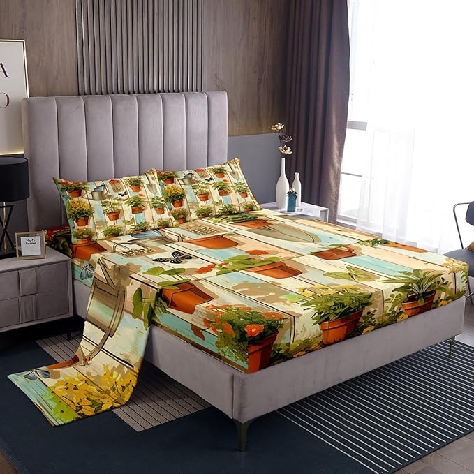 Garden Kids Sheet King Size,Geometric Wooden Plank Bedding Set,Boys Girls Room Decor,Gardening Gardener Butterfly Plants Flowers Rustic Green Bed Sheet Set 4pcs(Fitted + Flat + 2 Pillowcases)