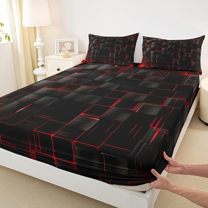 Manfei Abstract Sheet Set Full Size, Modern Geometric Square Grid Bedding Set for Kids Boy Girl Room Decor, Red and Black Bed Sheet Set 4pcs with Deep Pocket Fitted Sheet + Flat Sheet + 2 Pillowcases