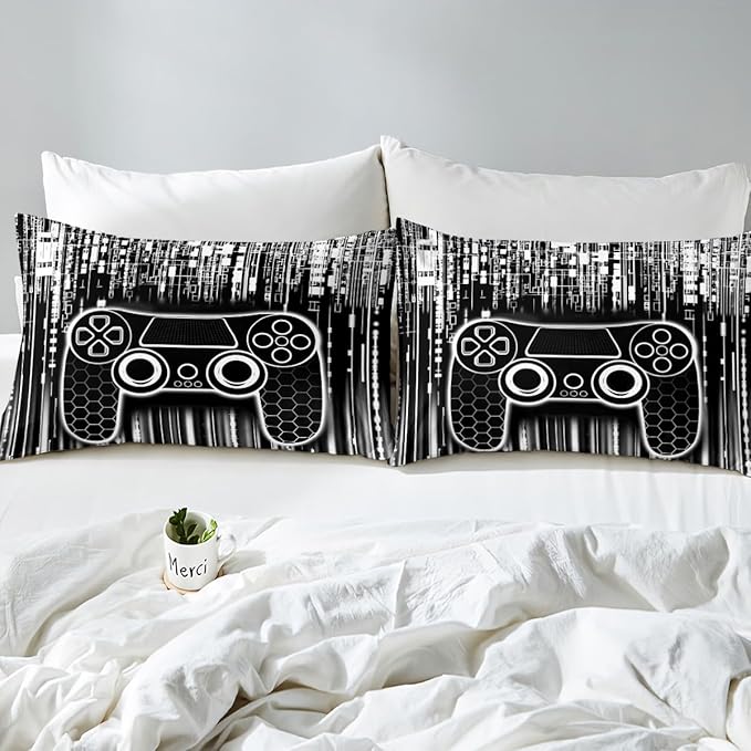 Gamepad Kids Sheet Full Size,Honeycomb Hexagon Geometric Fashion Bedding Set,Boys Girls Room Decor,Modern Videogaming Gamer Controller Black White Bed Sheet Set 4pcs(Fitted + Flat + 2 Pillowcases)