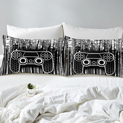Gamepad Kids Sheet Full Size,Honeycomb Hexagon Geometric Fashion Bedding Set,Boys Girls Room Decor,Modern Videogaming Gamer Controller Black White Bed Sheet Set 4pcs(Fitted + Flat + 2 Pillowcases)