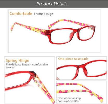 Kerecsen Reading Glasses 5 Pairs Fashion Ladies Readers Spring Hinge with Pattern Print Eyeglasses for Women (Multicolor -8, 2.5)