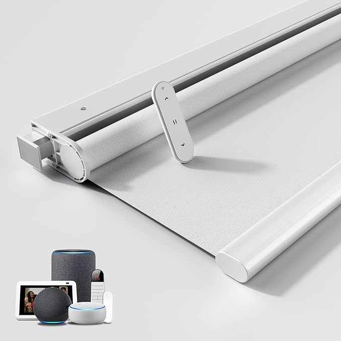 Grandekor No Drill Motorized Blinds with Remote, Roller Shade Electric Smart Remote Control Blinds, Fit for APP and Voice Control White-Light Filtering 56" W x 36" H