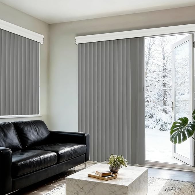 Cordless Vertical Blinds for Sliding Glass Doors, 3.5" Embossed PVC Slats with Matching Valance, Blackout Safety Window Treatment for Patio Door, Bedroom, Office, Custom Cut to Size, Strips Grey