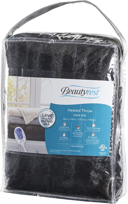 Beautyrest Duke Blanket Luxury Oversize Electric Throw Premium Soft Cozy Brushed Long Faux Fur for Bed, Couch with 3 Heat Setting Controller, Auto Shut-Off Function, Black, 50 in x 70 in