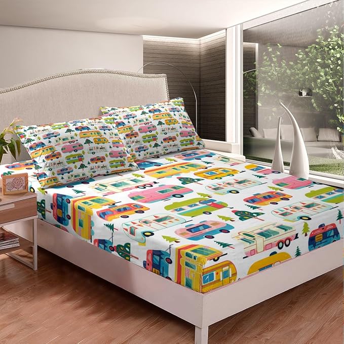 Colorful Camper Truck Kids Fitted Sheet Full Size,Adventure Camping Rustic Nature Bedding Set,Boys Girls Room Decor,RV Trailer Pine Trees Bed Cover,White Bed Sheet,2 Pillowcases(No Top Sheet)