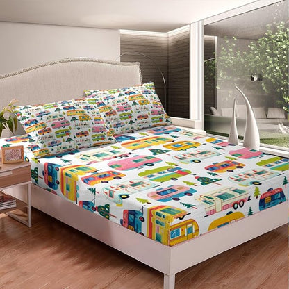 Colorful Camper Truck Kids Fitted Sheet Twin Size,Adventure Camping Rustic Nature Bedding Set,Boys Girls Room Decor,RV Trailer Pine Trees Bed Cover,White Bed Sheet,1 Pillowcase(No Top Sheet)