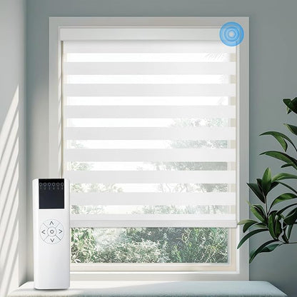 Motorized Zebra Blinds for Windows Cordless Electric Curtains with Remote Control Blackout Shades Custom Smart Blinds Compatible with Alexa Google Home(Light Filtering White,Custom Size)