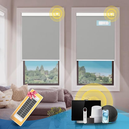 DENFOON Motorized Blinds with Remote,Thermal Electric Blinds【Solar Panel】,Customizable Automatic RollerShades, Blackout Remote Control Blinds for WindowsUpgrade to Smart Blinds, Grey, 27''W×72''H
