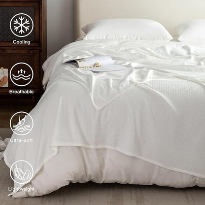AmyHomie Cooling Waffle Blanket King Size, 100% Rayon Derived from Bamboo, Cool Summer Blanket for Hot Sleepers Comfy Lightweight Soft Blankets for All Seasons (White, 108×90in)