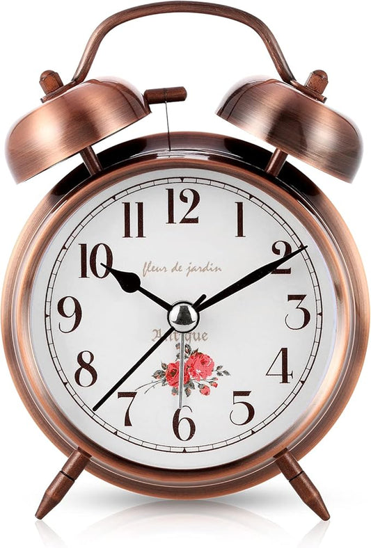 Super Loud Alarm Clock For heavy sleepers,4 inches Twin Bell Alarm Clock with Backlight,Battery Operated,Silent Non Ticking,For Kids,Adults,Bedrooms,Retro decor Desk Analog Clocks. (Copper Red)
