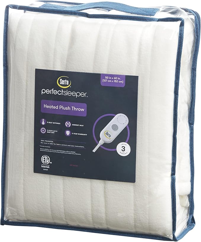 Serta Heated Throw Blanket - Reversible Fleece to Sherpa Electric Blanket, Fast Heating, Auto Shut Off Timer, Multi Heat Setting, ETL Certified, Machine Washable, Ivory 50"x 60"