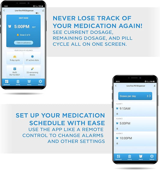 LiveFine Bluetooth Automatic Pill Dispenser, 28-Day Capacity, Sound & Light Alerts, Key Lock, LCD & Easy Setup on The LiveFine App for Prescriptions, Medications, Vitamins & Supplements - Clear Lid