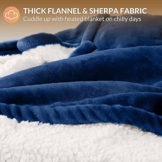 HOMLYNS LuxeHeat Heated Blanket Electric Blanket King Size, Soft Flannel Sherpa Heating Blanket with 10 Heat Settings, 1-10 hrs Timer Auto Shut Off (90x100 inches, Navy)