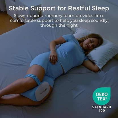Momcozy Knee Pillow for Side Sleepers with Cooling Cover, Soft Memory Foam Spine Alignment Pregnancy Leg Pillow for Hips, Back, Sciatica Pain, Fixed Strap for Moving, Wider Contact Even Pressure, Blue
