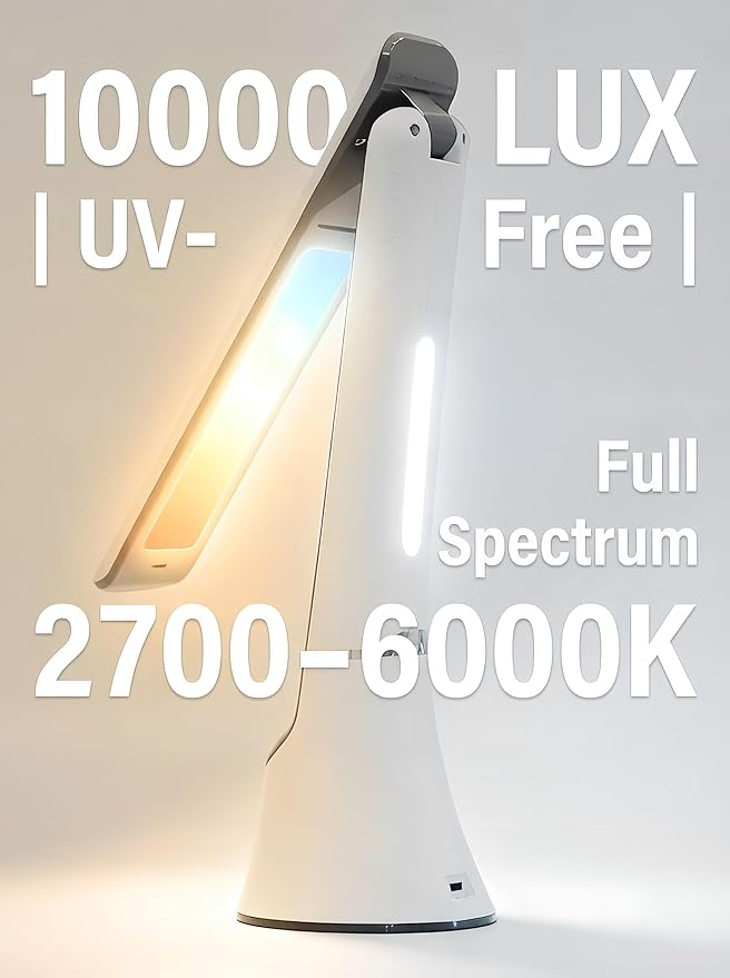 Light Therapy Lamp, 10000 LUX LED Desk Sunlight Lamp, UV-Free Full Spectrum Mood Lighting with Night Light, Rechargeable for Home Office, Leather-Like Texture