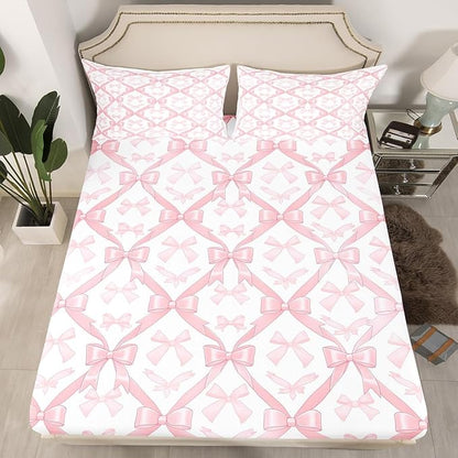 Pink Bowknots Full Size Fitted Sheet,Kawaii Bow-tie Patchwork Dreamy 3 Pieces Kids Teenager Room Decor Princess Fairy Tale Theme Girlish Grids Pocket 2 Pillowcases (No Flat Sheet)