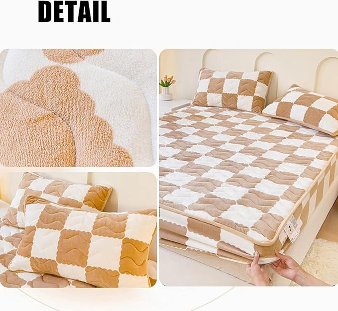 Milk Velvet Checkered Bedding Mattress Cover, Super Soft Elastic Bed Sheets with Pillowcase - Washable 12'' Deep Pocket Mattress Pad