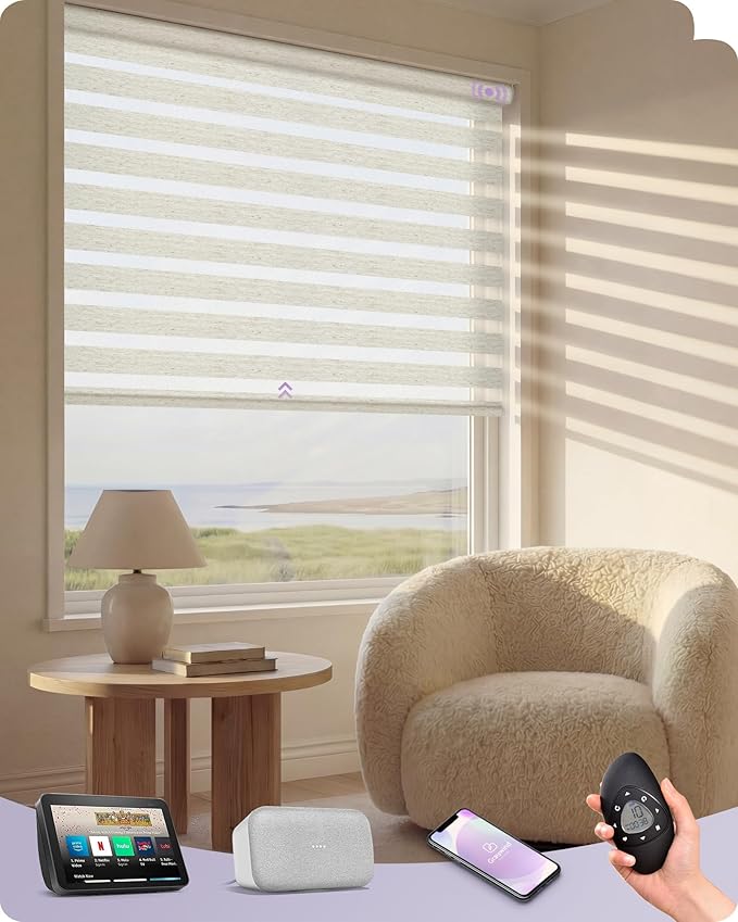 Graywind Motorized Blinds with Remote, Smart Zebra Shades for Windows, Roller Blinds Compatible with Apple Homekit, Alexa, Google Home, Custom Size, Linen Weave Beige