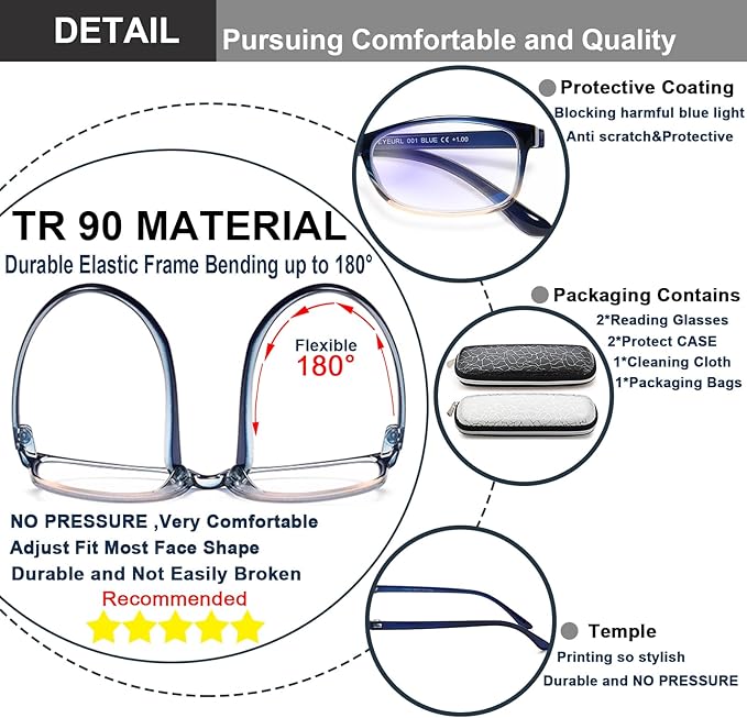 EYEURL 2 Pack Reading Glasses for Women Men, Blue Light Blocking Lightweight TR90 Readers Filter Glare/UV Rays/Eyestrain, 2.50