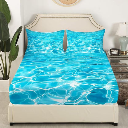 Manfei Summer Sheet Set King Size, Blue Water Texture Print Bedding Set for Kids Boys Girls Teens Bedroom Decor, Tropical Summer Pool Bed Sheet Set 4pcs (Fitted Sheet, Flat Sheet, 2 Pillowcases)