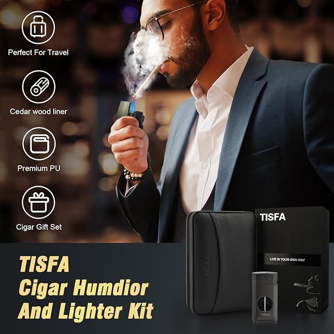 TISFA Cigar Humidor, Leather Cedar Wood Cigar Case with Cigar Lighter, V Cut Cigar Cutter, Cigar Holder 3 in 1, Portable Travel Cigar Humidor Box with Humidifier (Black)