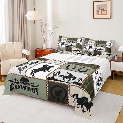 Western Cowboy Kids Sheet Full Size,Cactus Arrow Geometric Plaids Bedding Set,Boys Girls Adults Room Decor,Horseshoes Rustic Farmhouse Camo Retro Bed Sheet Set 4pcs(Fitted + Flat + 2 Pillowcases)