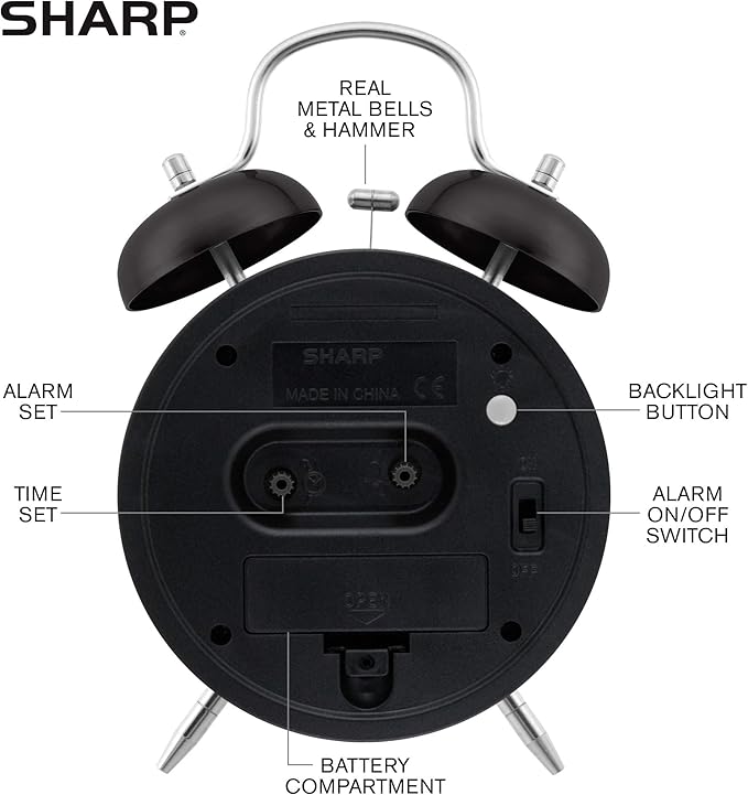 Sharp Twin Bell Alarm Clock - Loud Alarm - Great for Heavy Sleepers - Battery Operated Quartz Analog Clock (Midnight Black)