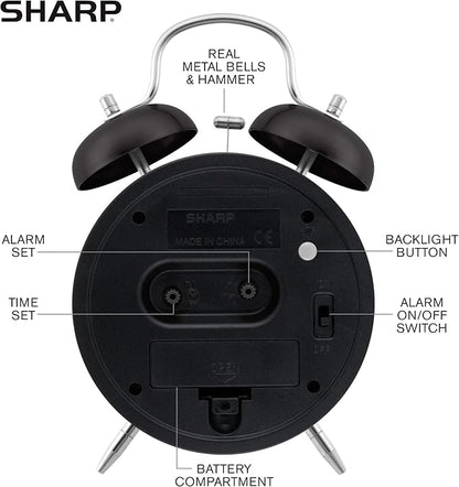 Sharp Twin Bell Alarm Clock - Loud Alarm - Great for Heavy Sleepers - Battery Operated Quartz Analog Clock (Midnight Black)