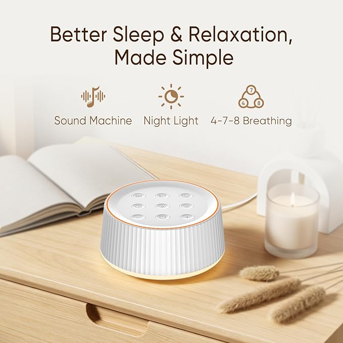 Kipcush White Noise Machine for Sleeping Baby Adults – Sound Machine with 8 Night Light Colors, Tap Control, 6 Timer Settings, Auto-Off & Memory, Portable Sleep Soother for Home & Travel